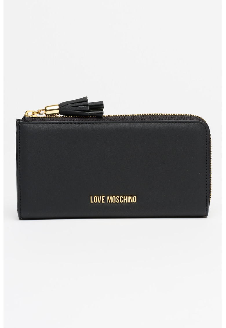 Portofel de piele ecologica cu logo metalic si fermoar - Negru