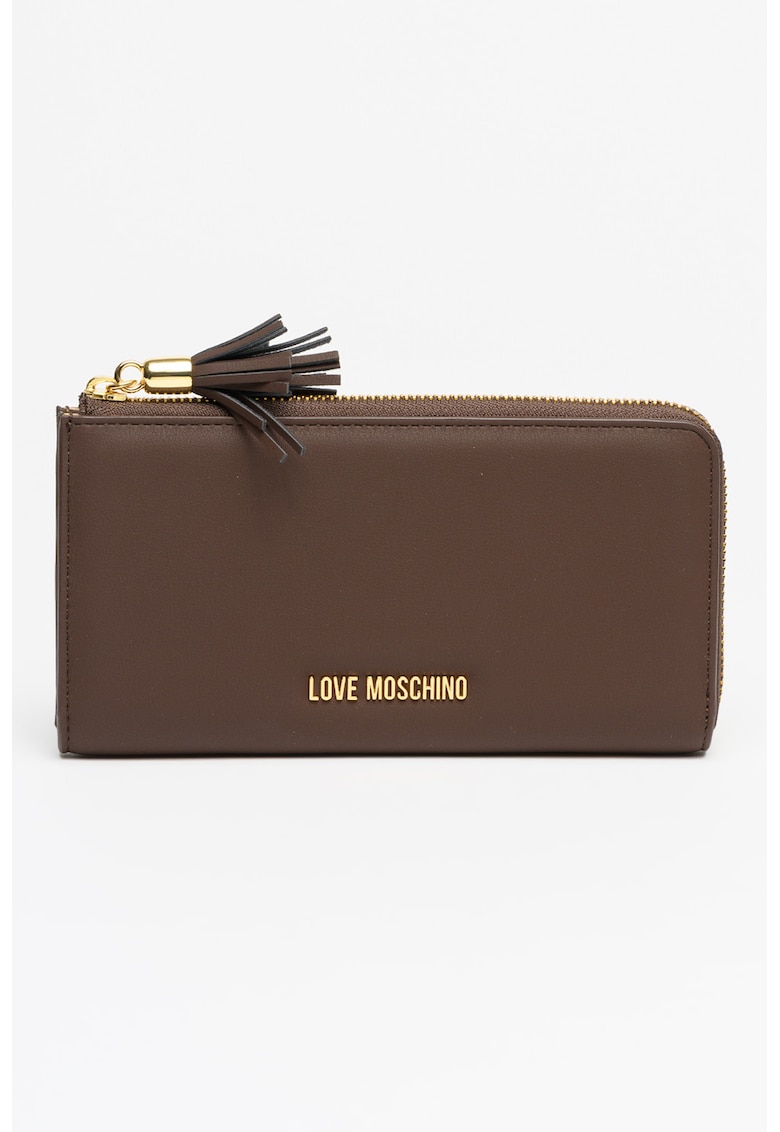 Portofel de piele ecologica cu logo metalic si fermoar - Maro inchis