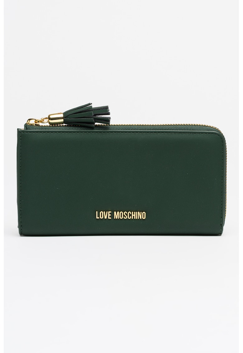 Portofel de piele ecologica cu logo metalic si fermoar - Verde padure