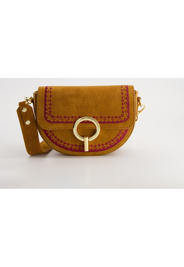 Geanta crossbody piele intoarsa - maro - dimensiuni 14x20x5cm - cu curea detasabila - compartimente interioare si exterioare.