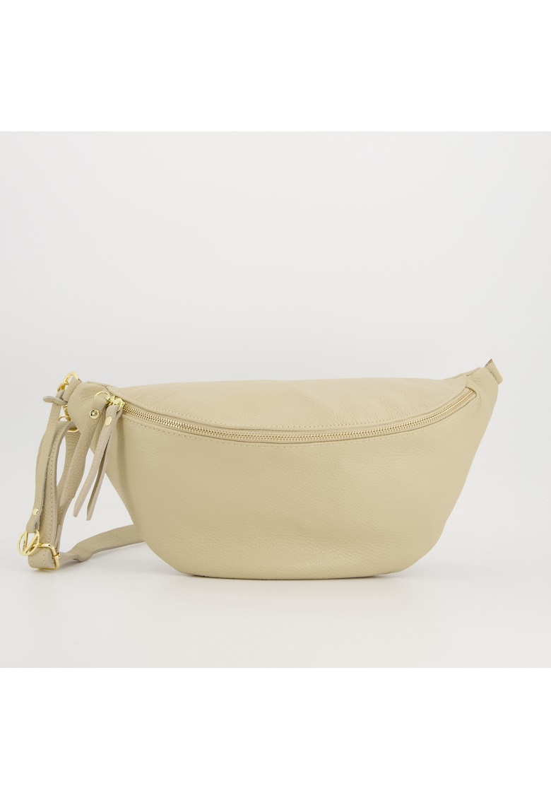 Geanta crossbody din piele naturala - bej - 40x16x1 -5cm - cu detalii aurii - pentru femei