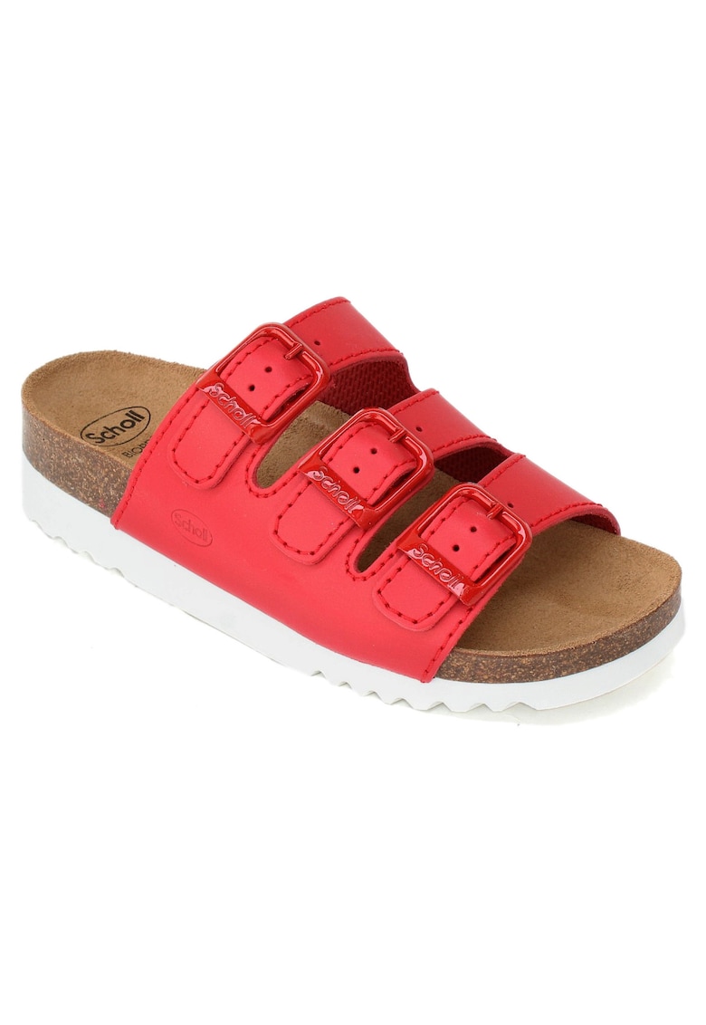 Papuci Scholl Rio Wedge pentru femei cu bioprint și 3 catarame roșii F32151-1051