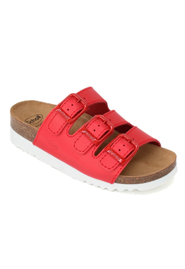 Papuci Scholl Rio Wedge pentru femei cu bioprint și 3 catarame roșii F32151-1051