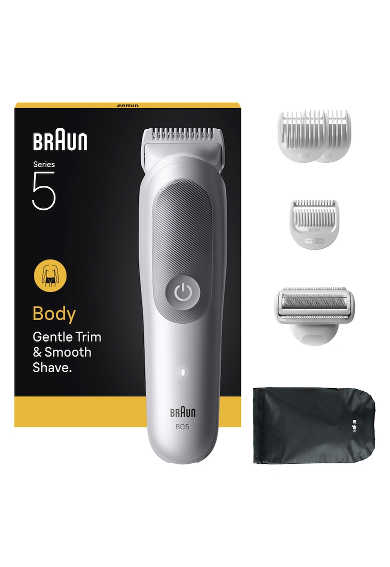 Aparat de ingrijire corporala Seria 5 BG5550 - +6 Accesorii de ingrijire: 3 Piepteni - 1 Cap de ras - 1 Saculet - 1 Perie de curatare - Tehnologie SkinGuard - Delicat pentru zone sensibile - Autonomie 100 minute - Rezistent La Apa - Gri deschis