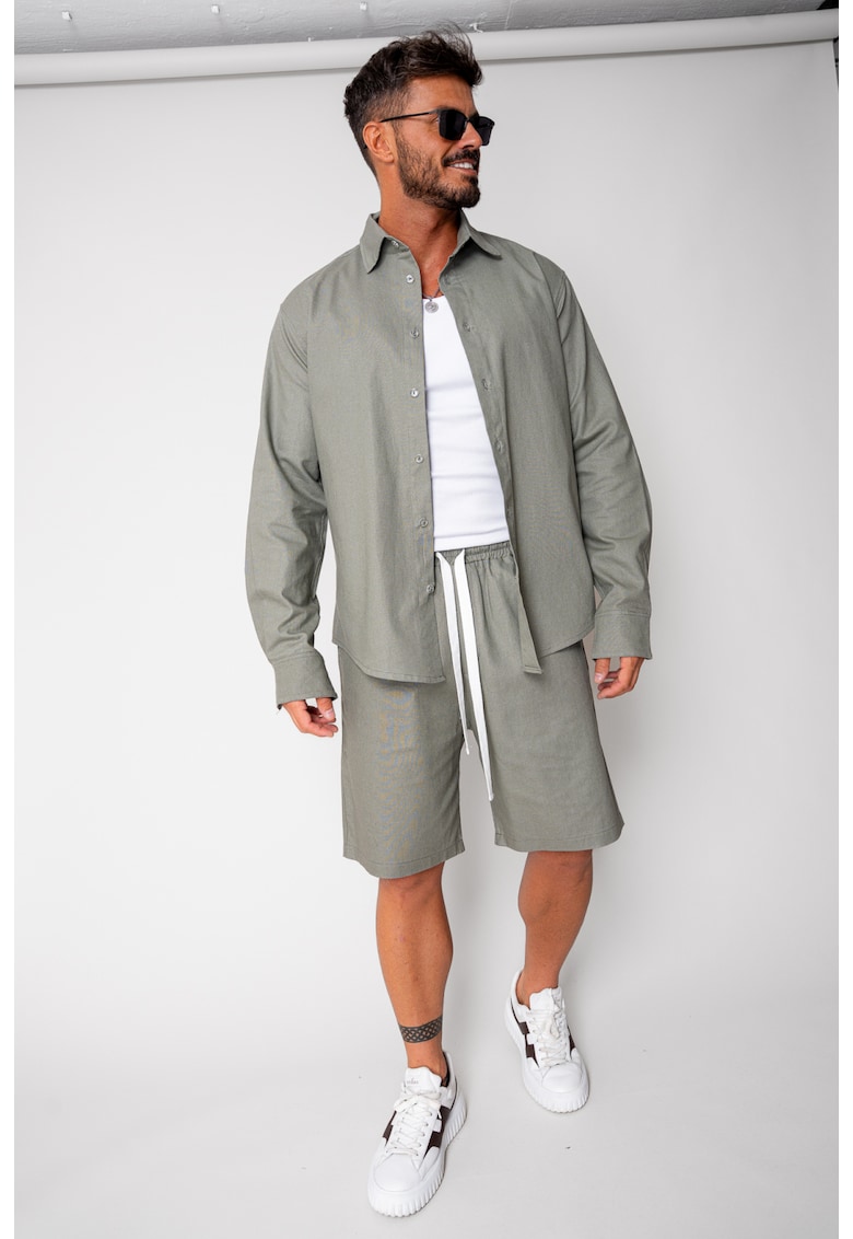 Set Lino camasa si pantalon scurt Dark Olive New 16956 - Verde masliniu inchis