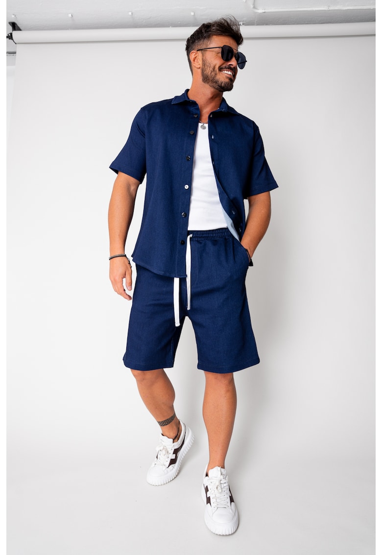 Set camasa si pantalon scurt din denim Premium Edition Dark Blue 16964