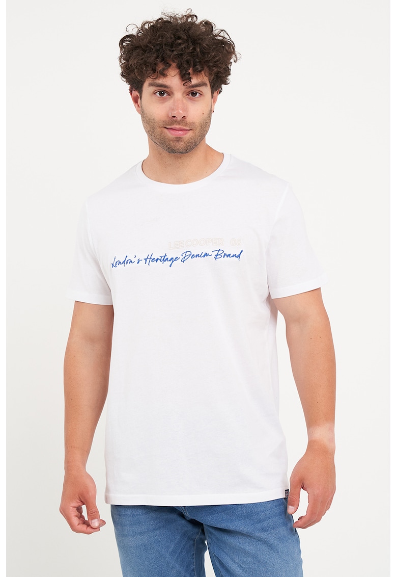 Tricou cu decolteu la baza gatului si imprimeu logo - Alb/Albastru