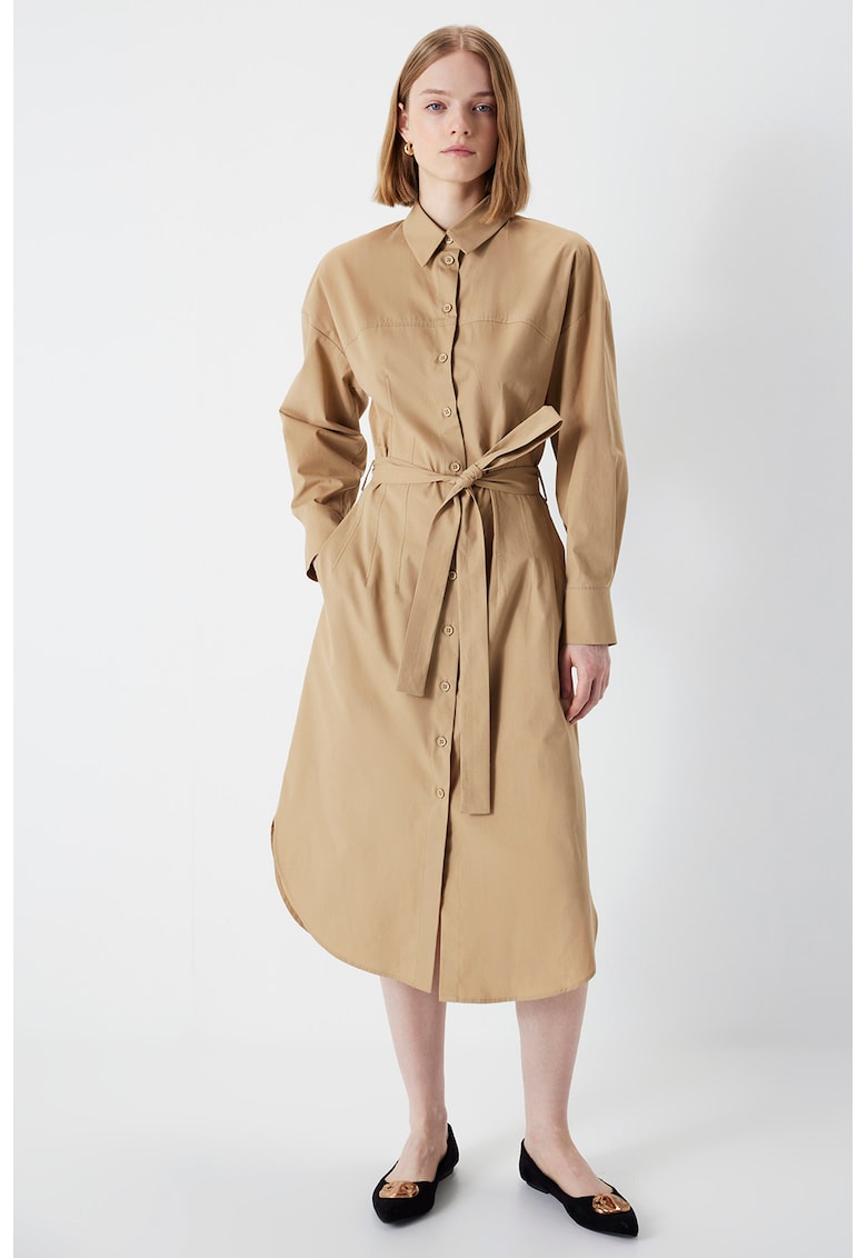 Rochie-camasa midi din bumbac cu cordon