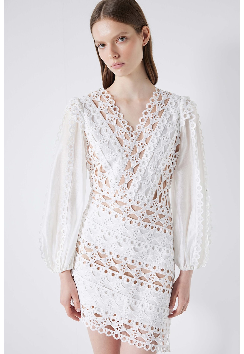 Rochie scurta cu decolteu in V - Alb/Maro deschis