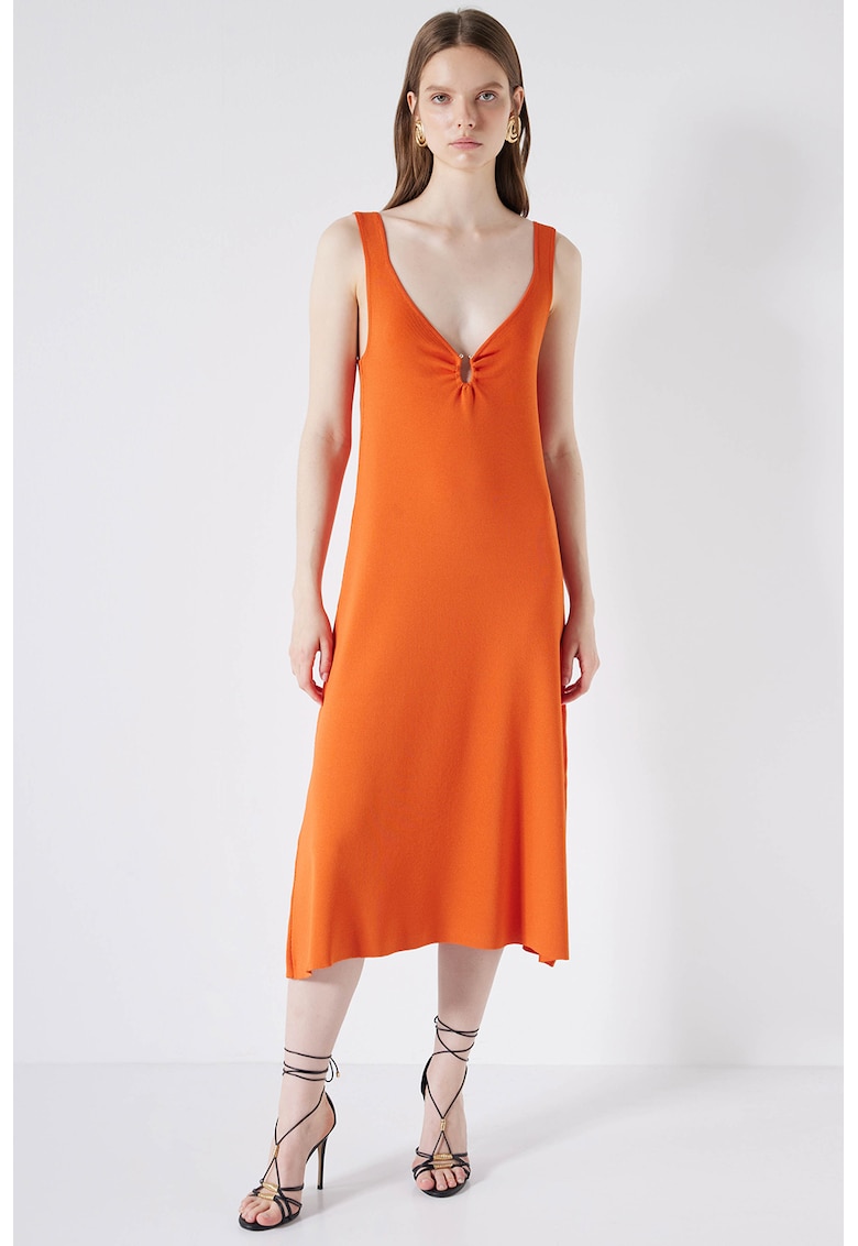 Rochie midi cu decolteu in V - Portocaliu