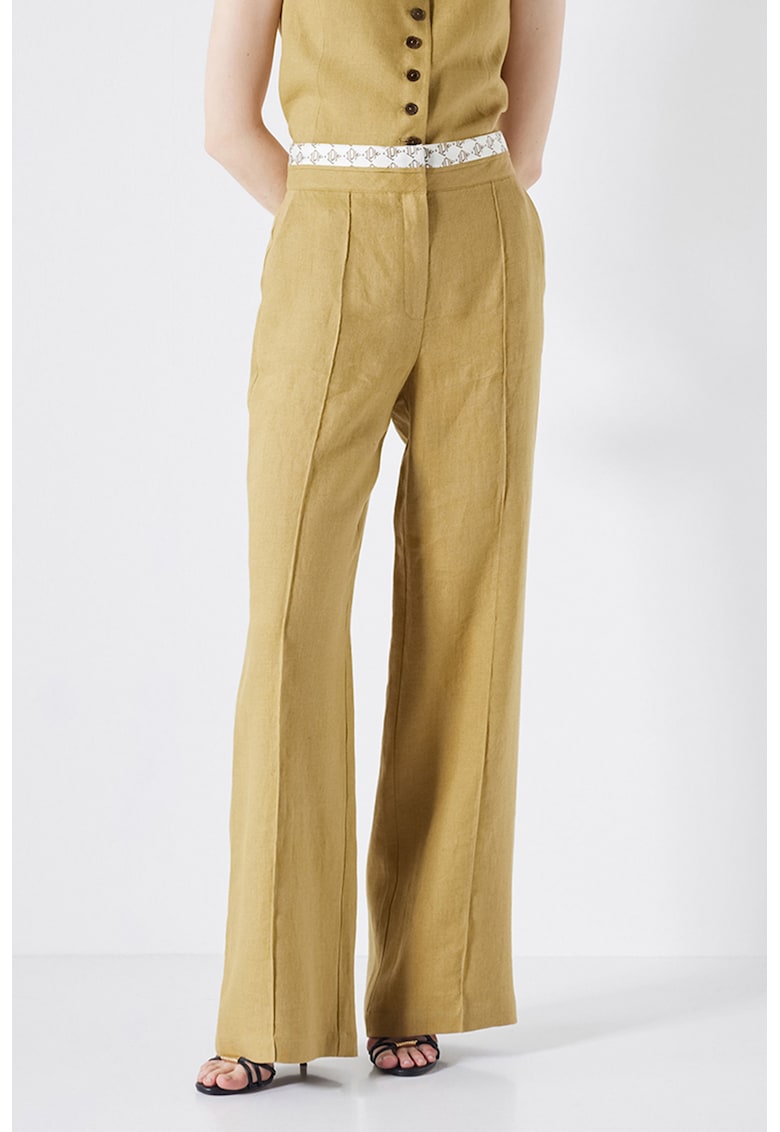 Pantaloni de in cu croiala ampla si banda cu monograma in talie
