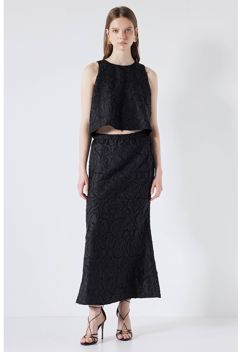Fusta din brocart cu talie elastica - Negru