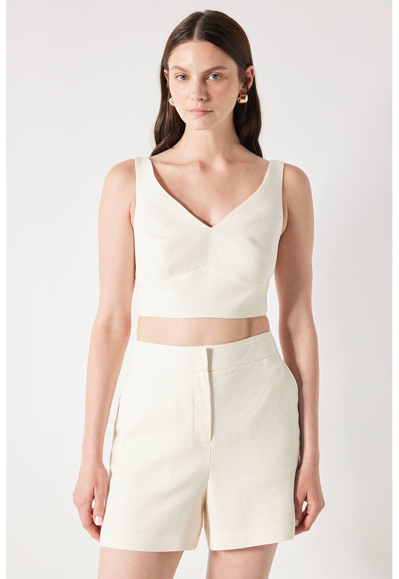 Top crop cu decolteu in V - Alb fildes