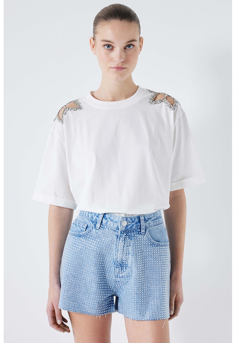 Pantaloni scurti de denim cu aplicatii de strasuri