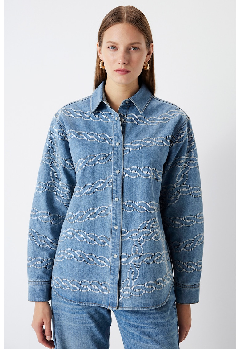 Camasa de bumbac cu imprimeu grafic - Albastru prafuit/Portocaliu persan