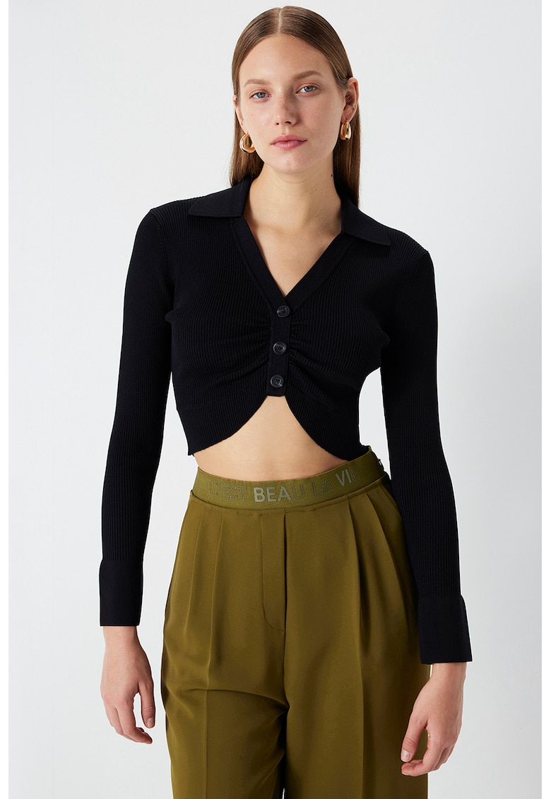 Bluza crop cu guler ascutit - Gri carbune