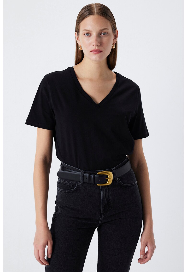 Tricou din bumbac cu decolteu in V - Negru