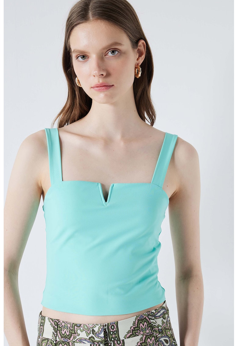 Top crop cu decolteu in V - Albastru aquamarin