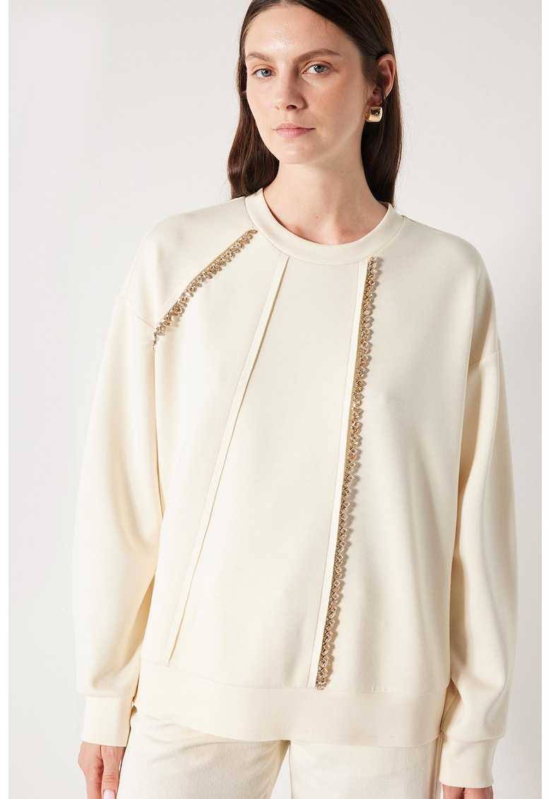 Bluza de trening cu maneci cazute si aplicatii cu strasuri