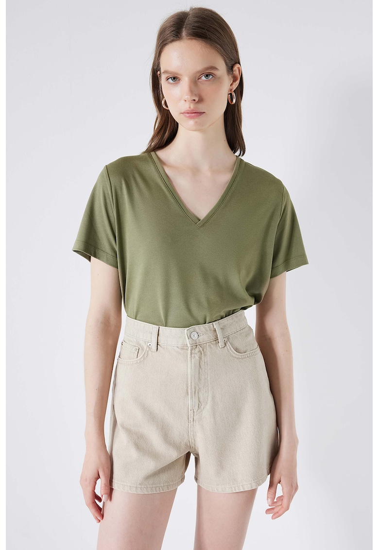 Tricou din amestec de modal cu decolteu in V - Kaki