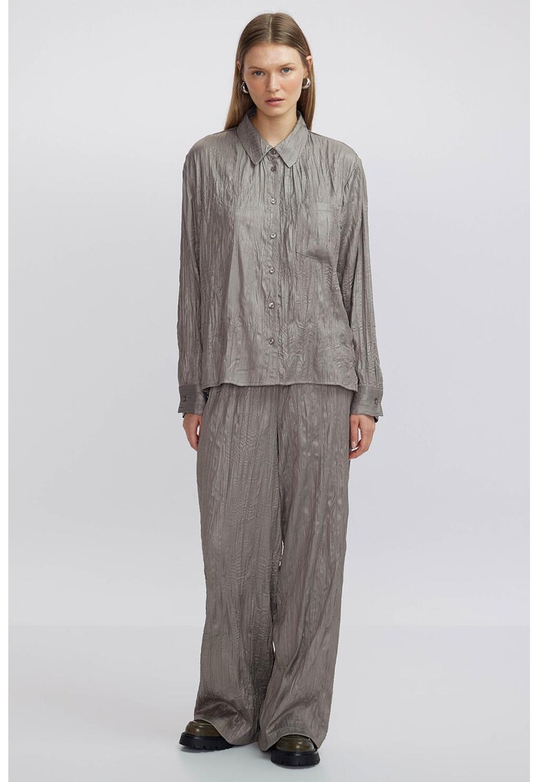 Pantaloni cu aspect creponat si talie inalta - Grej