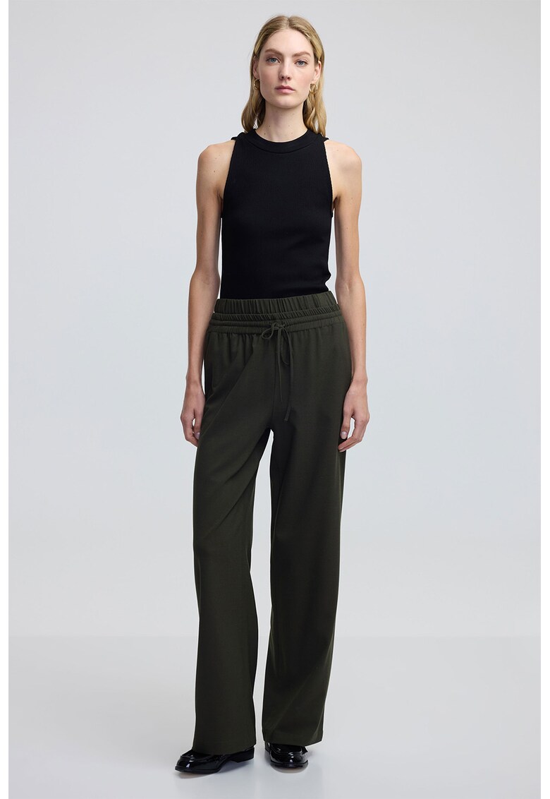 Pantaloni cu talie inalta si snururi - Verde/Kaki inchis