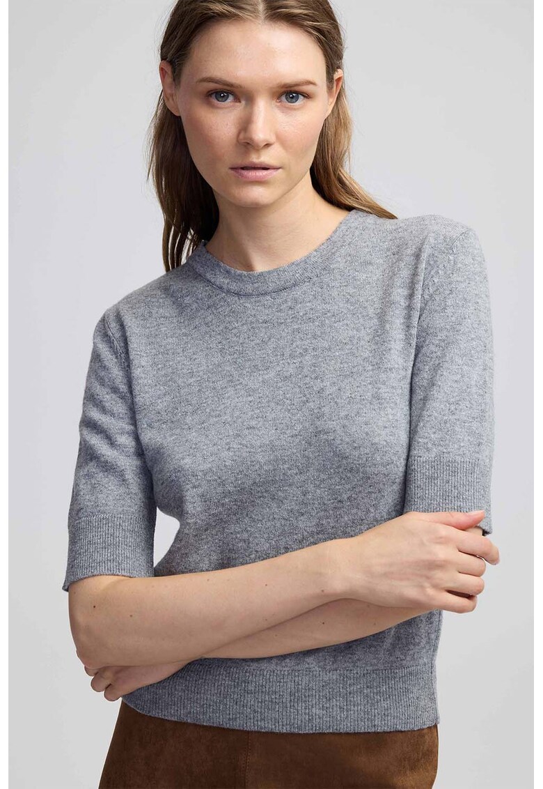 Pulover din amestec de lana si casmir cu maneci medii - Gri deschis