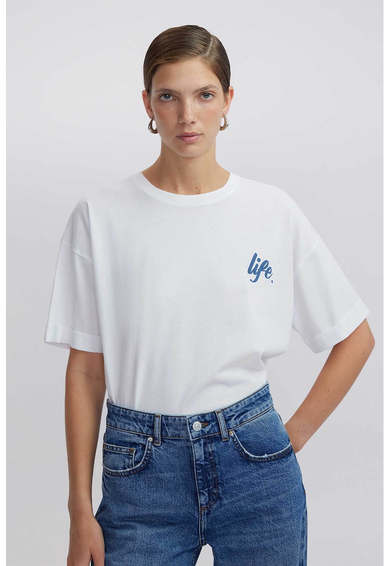 Tricou cu decolteu la baza gatului si imprimeu text - Alb/Albastru