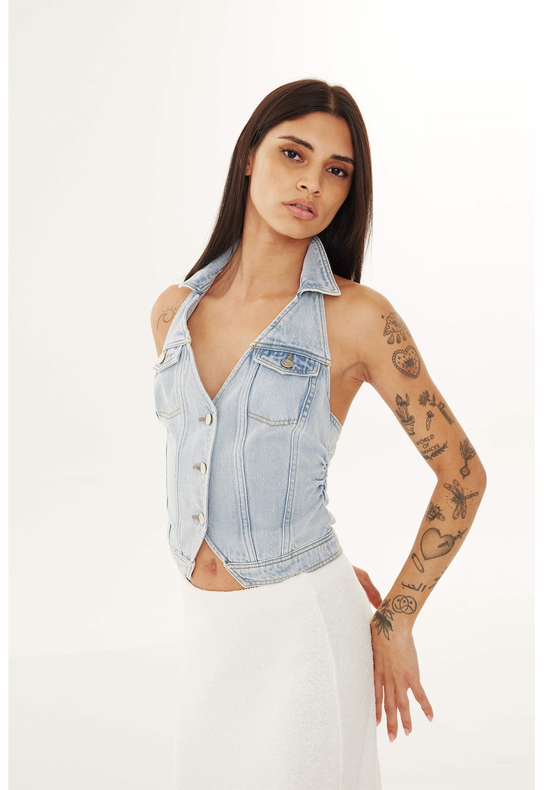 Vesta din denim cu decolteu halter