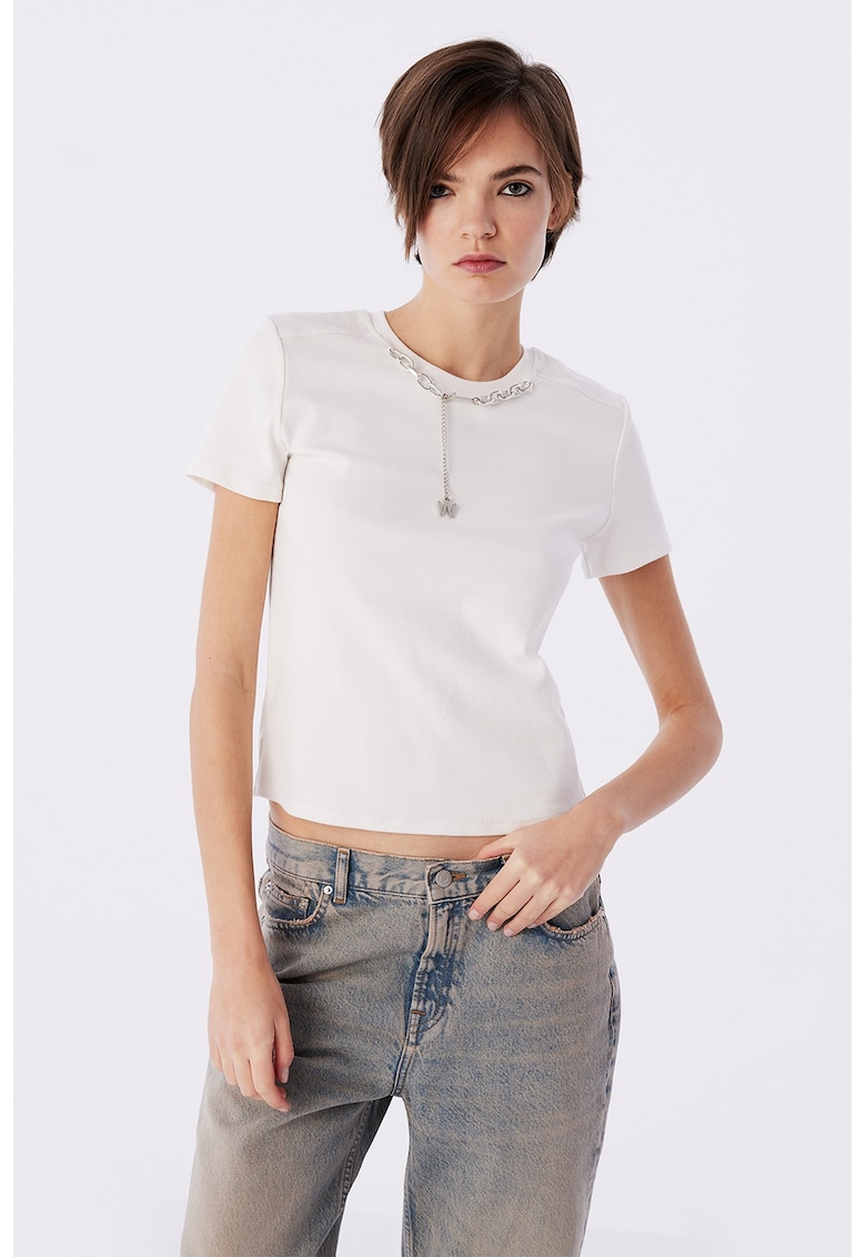 Tricou din amestec de bumbac cu detaliu de lant - Alb