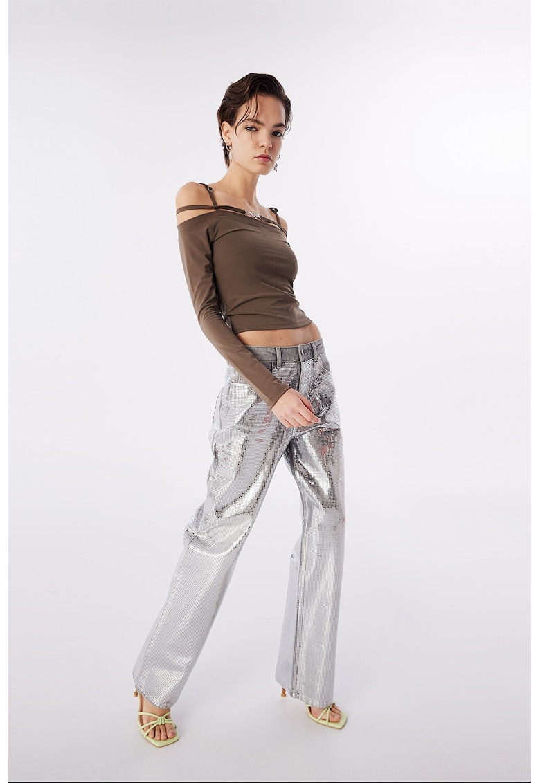 Bluza crop cu decupaj pe umar - Maro taupe
