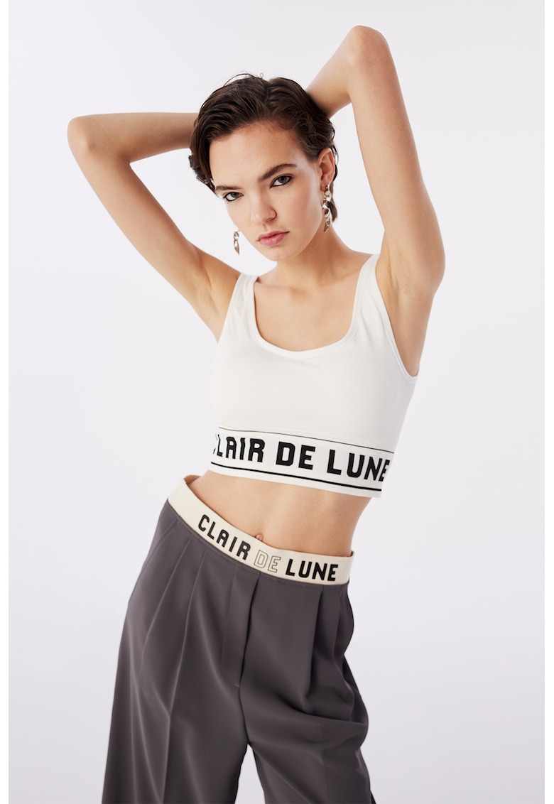 Top crop cu banda cu imprimeu text