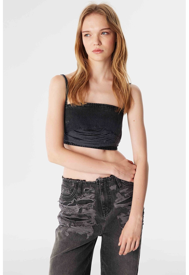 Top crop din denim cu detalii cu aspect deteriorat si bretele inguste