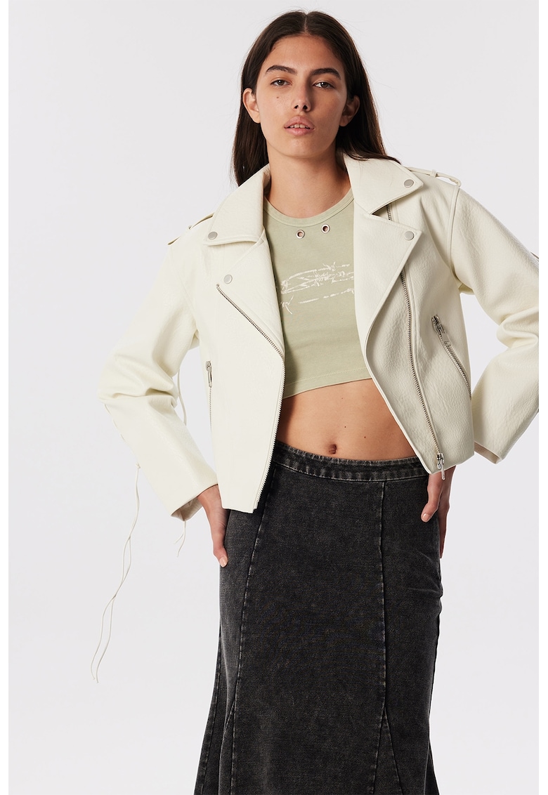 Jacheta crop din piele ecologica cu buzunare cu fermoar