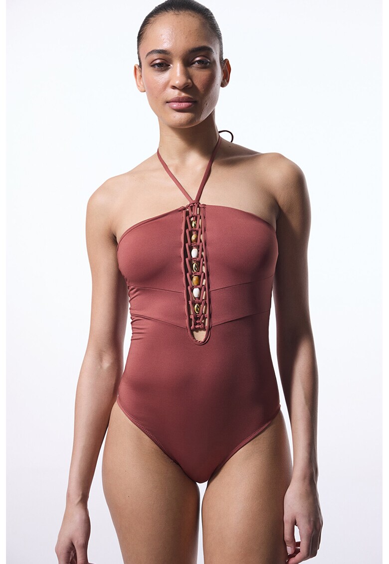 Costum de baie halter intreg - Maro cognac