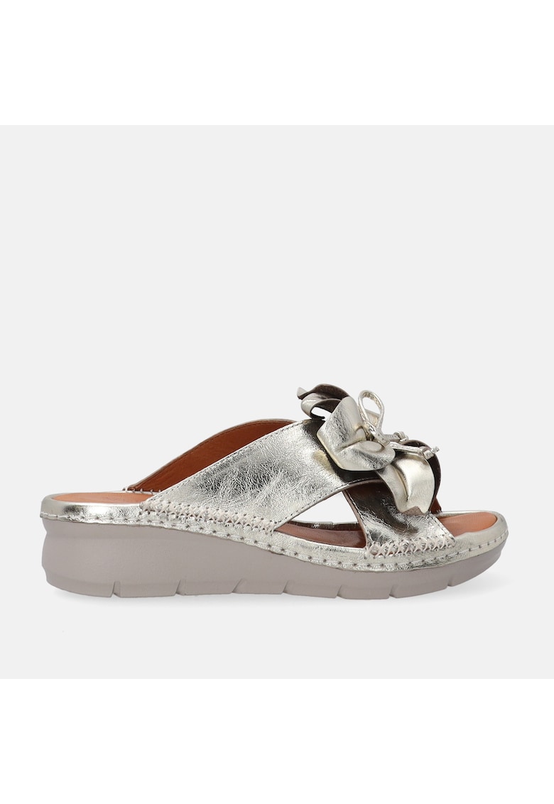 Papuci wedge din piele cu aplicatie florala