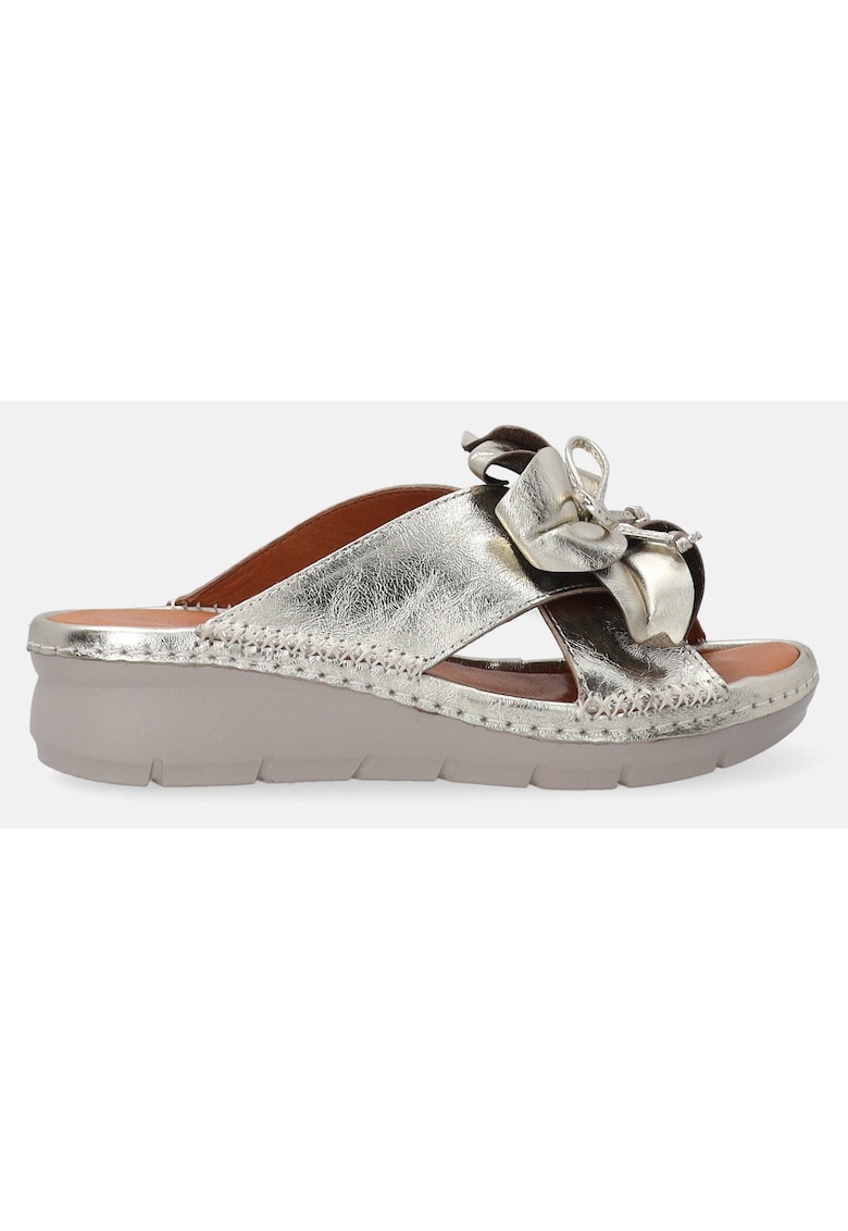Papuci wedge din piele cu aplicatie florala