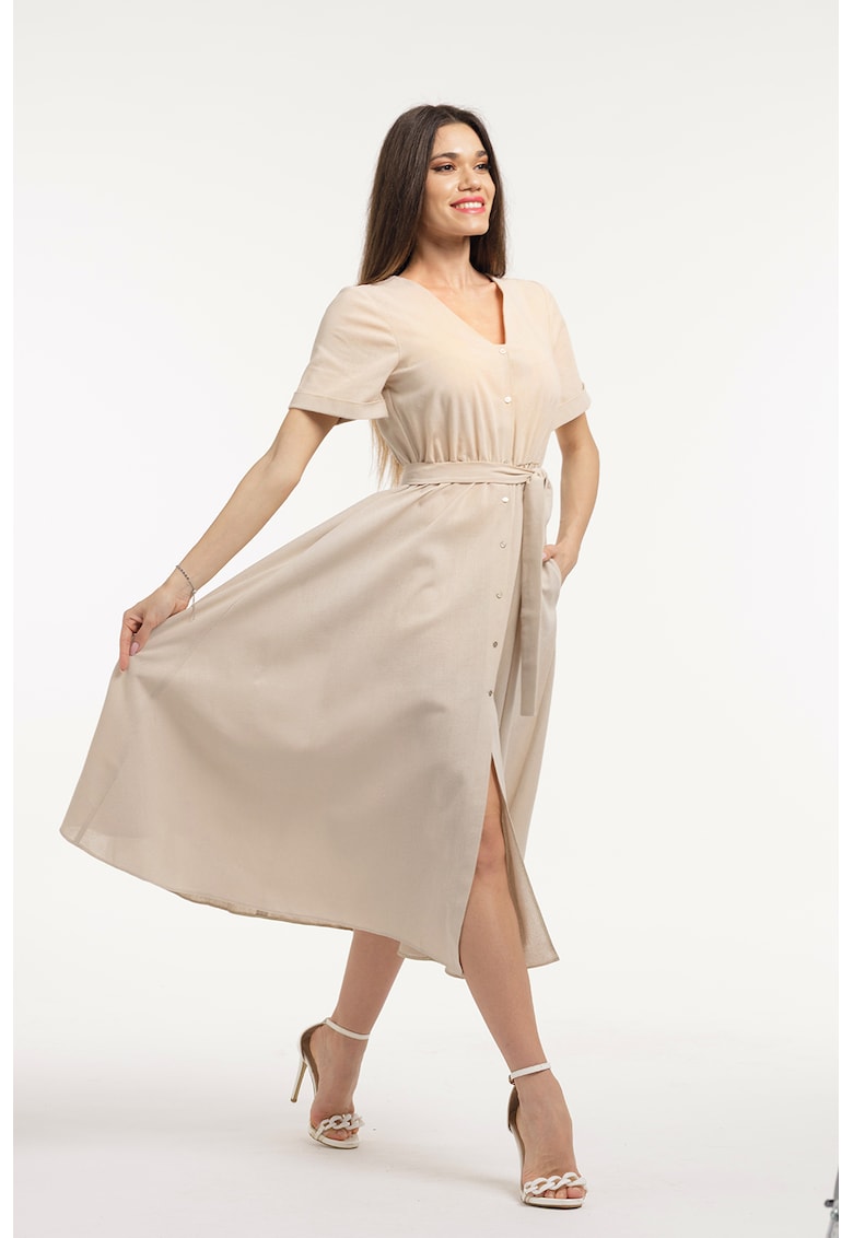 Rochie-camasa cu cordon in talie - Bej