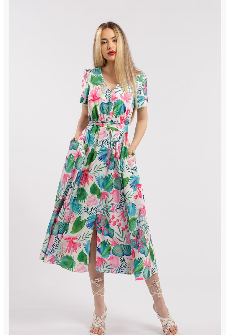 Rochie midi cu croiala evazata si cordon in talie