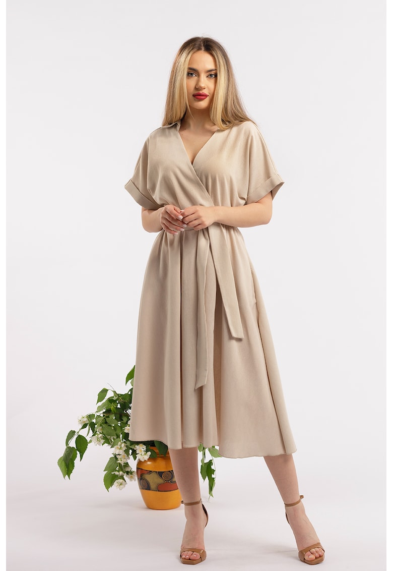 Rochie midi evazata din in cu decolteu in V