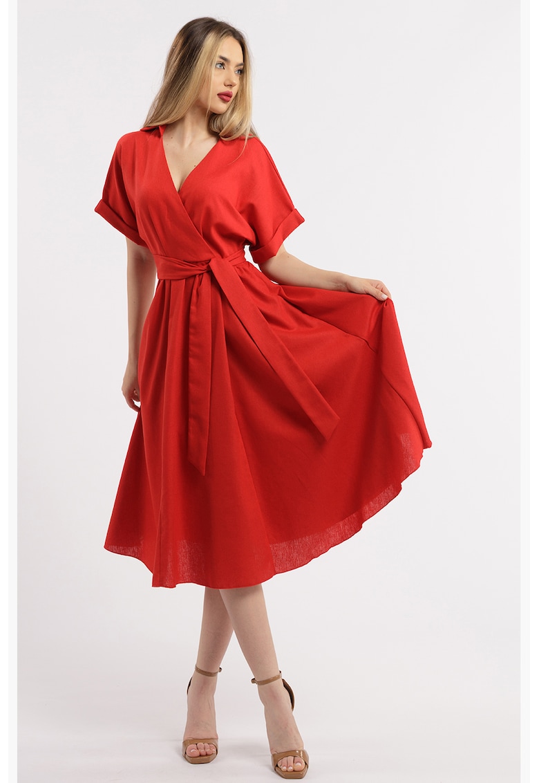 Rochie midi evazata din in cu decolteu in V