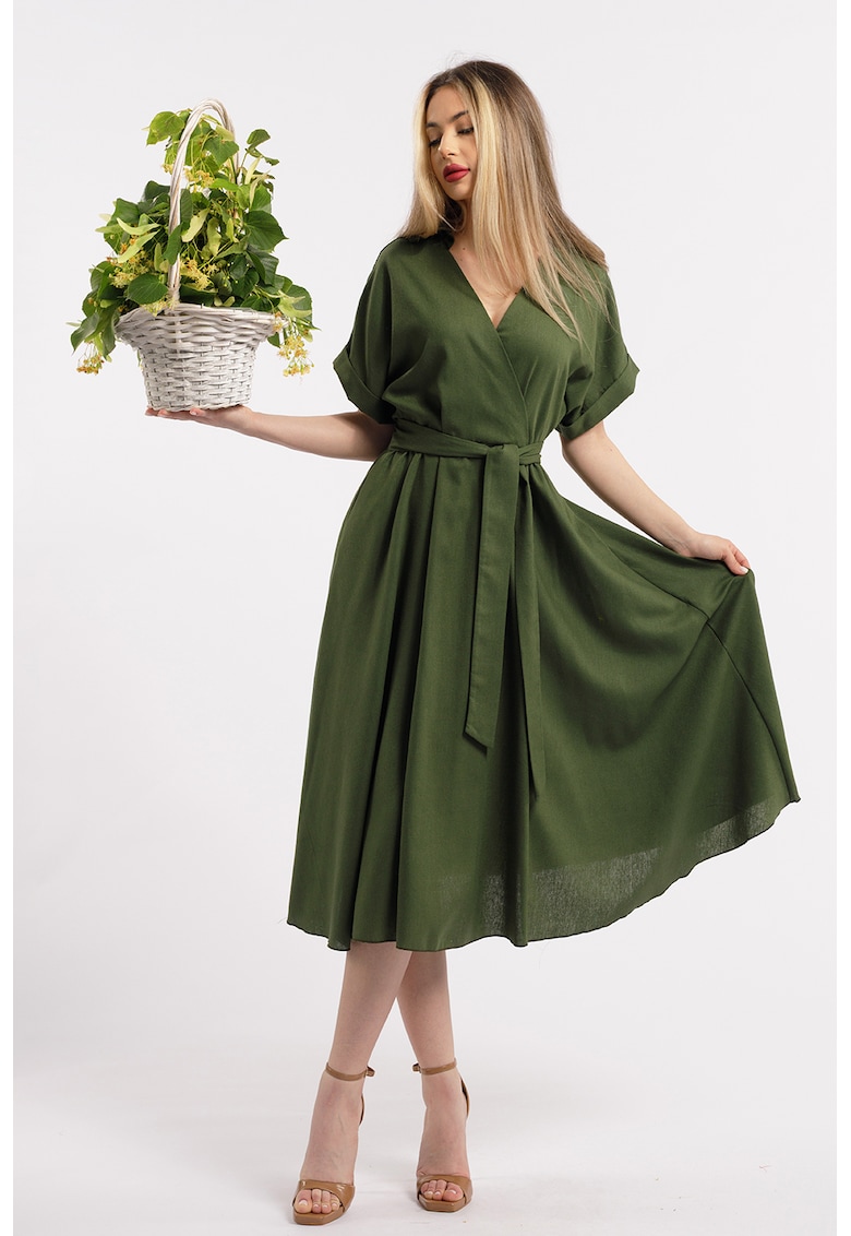 Rochie midi evazata din in cu decolteu in V