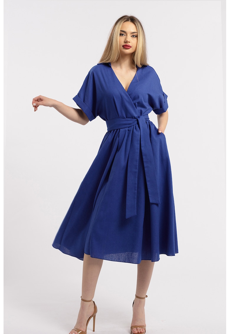 Rochie midi evazata din in cu decolteu in V