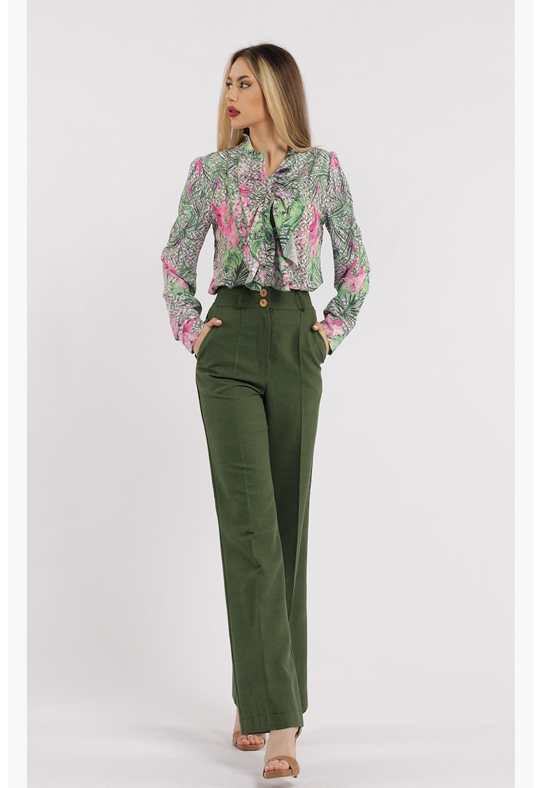 Pantaloni drepti cu talie inalta - Kaki inchis