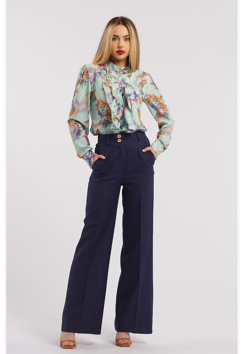 Pantaloni drepti cu talie inalta - Bleumarin