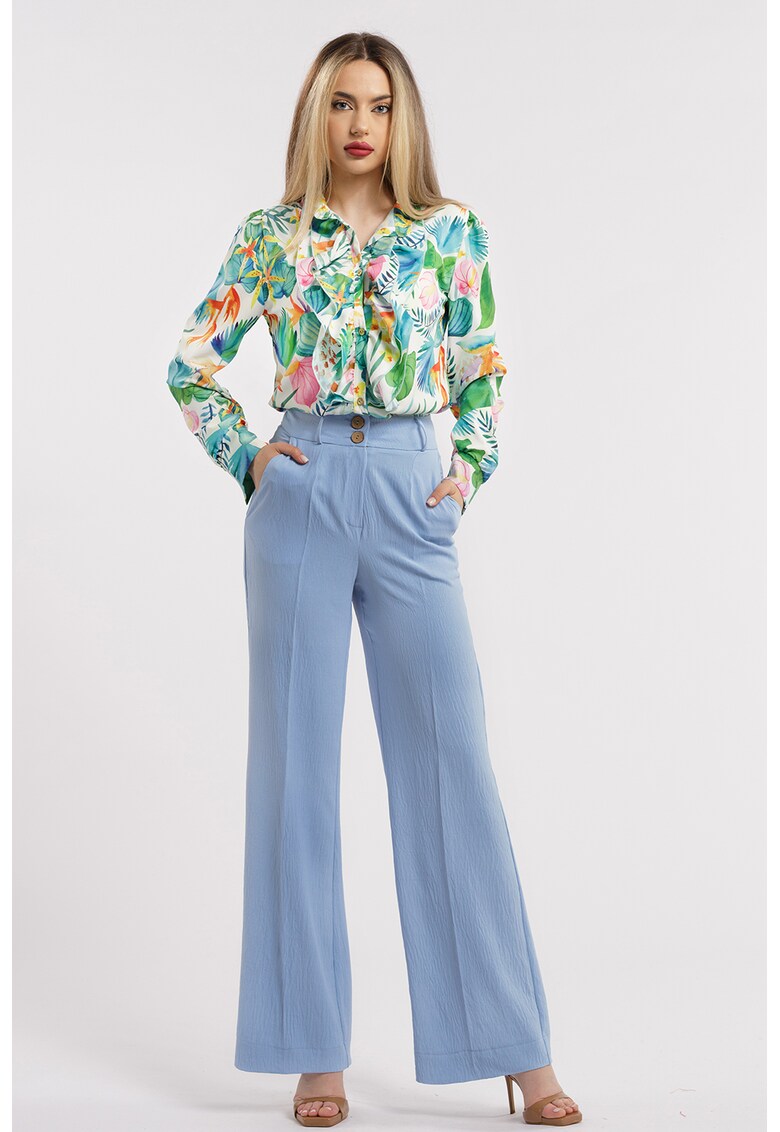 Pantaloni drepti cu talie inalta - Albastru azur