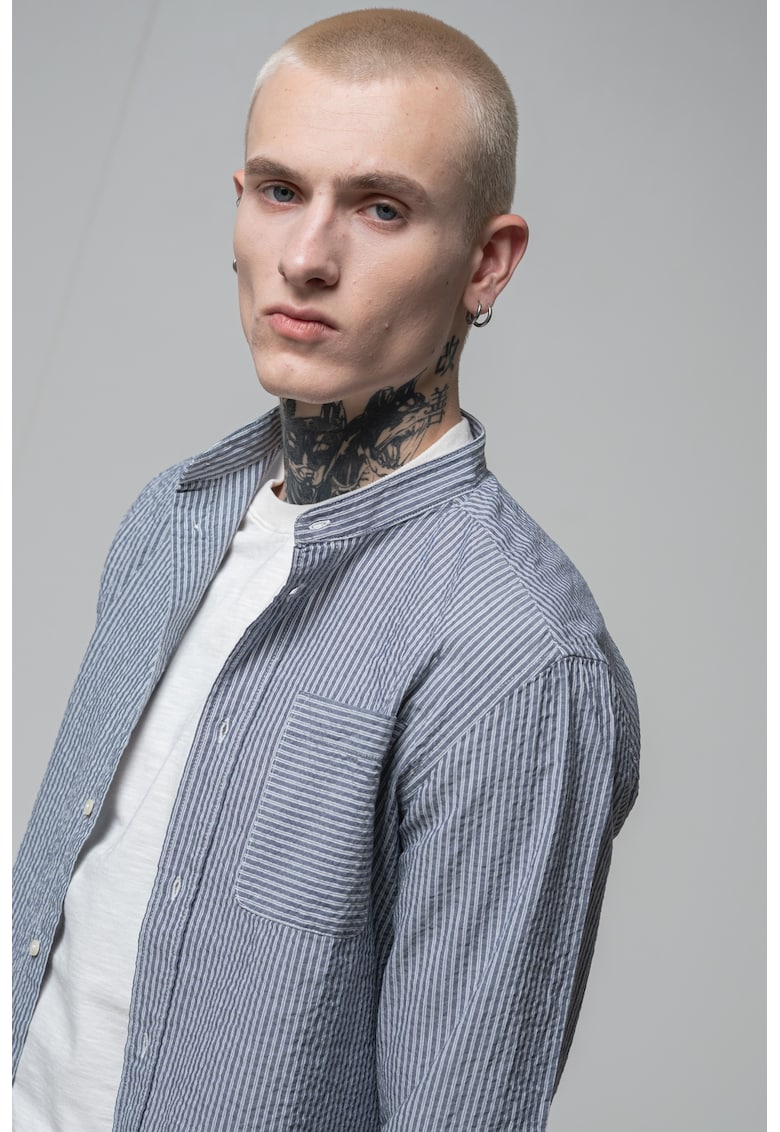 Camasa de bumbac cu guler Mao - Alb/Bleumarin