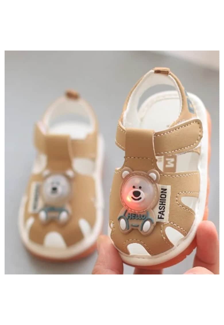 Sandale Cu Piuitoare - Model Ursulet Cu Led - Piele Ecologica - Velcro - Baieti - Crem - Crem