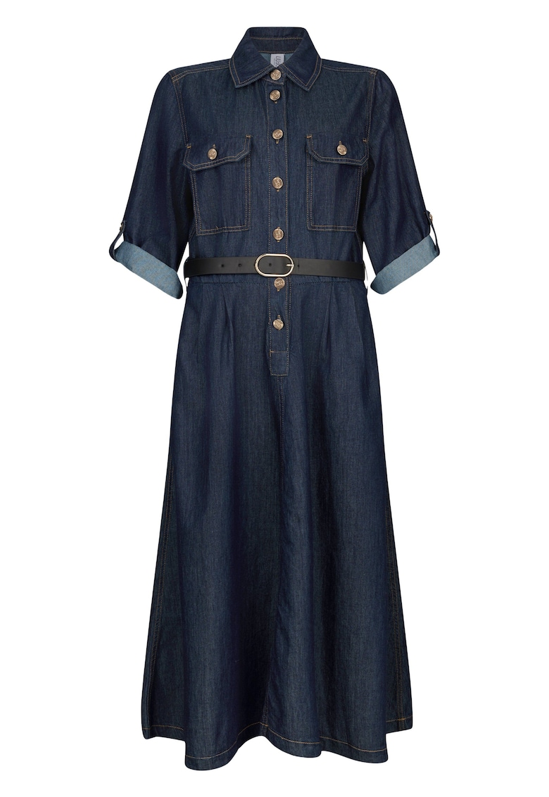 Rochie din denim cu maneci plisate si buzunare