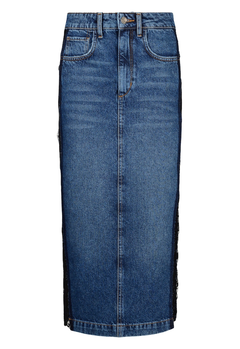 Fusta midi din denim cu insertii de dantela